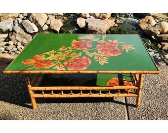 VINTAGE COFFEE TABLE Floral Poppies Tortoise Bamboo British Colonial Palm Beach Buyer pays ship