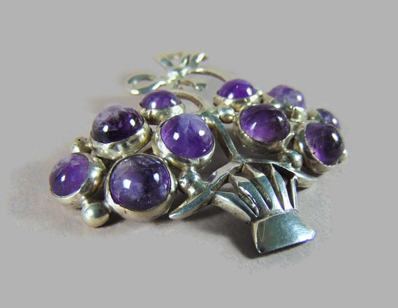 Rare large 950 silver AMETHYST flower basket broo… - image 4