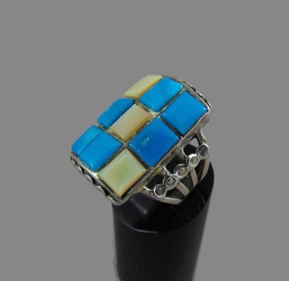 Rare NAVAJO silver turquoise COBBLE stone ring M1… - image 4