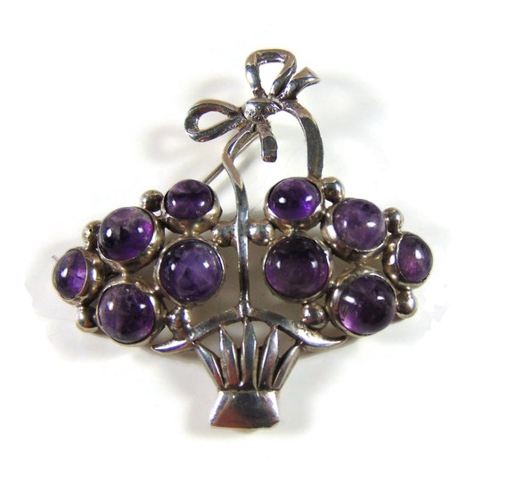 Rare large 950 silver AMETHYST flower basket broo… - image 3