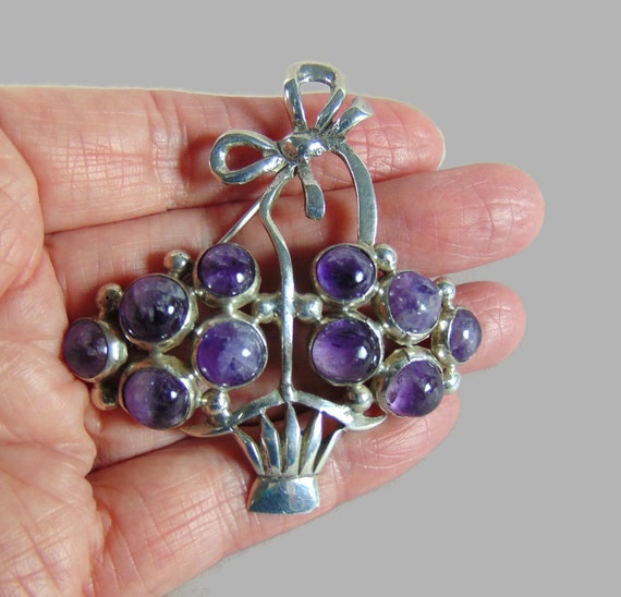 Rare large 950 silver AMETHYST flower basket broo… - image 2