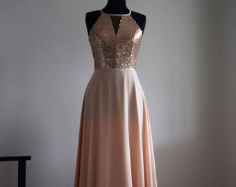 Charming Chiffon With Top Sequin Blush Pink Bridesmaid Dress, Handmade, Sleeveless Full Length Sequin Evening Prom Dress, Wedding Party