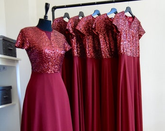 Charming Chiffon With Top Sequin Burgundy Handmade Bridesmaid Dress, Burgundy Cap Sleeve Full Length Evening Prom Dress, Wedding Party