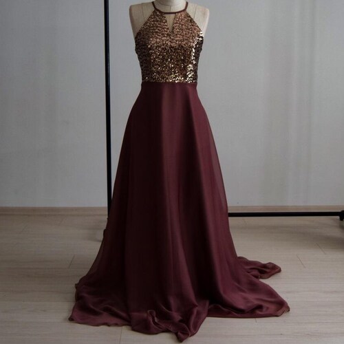 Silk Georgette/Chiffon With Top Copper Sequin Bridesmaid Dress | Floor Length Sequin Evening Dress | Wedding Party Maid Of Honor Dress