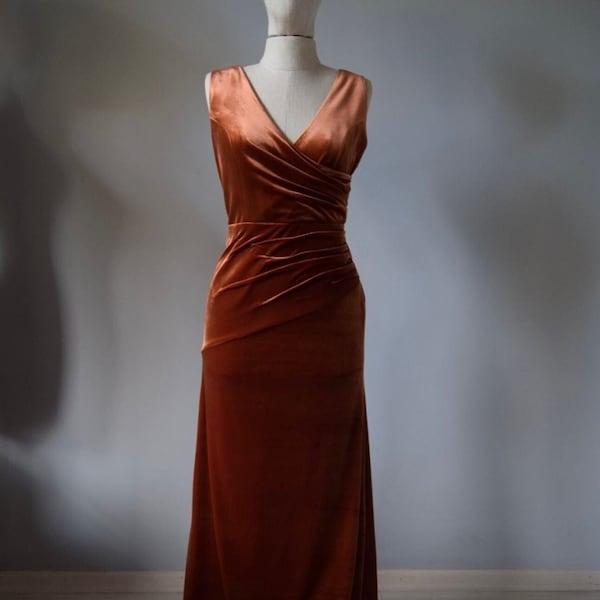 V-Neck Terracotta Velvet  Bridesmaid Dress | Faux Surplice Neckline Velvet MOH Dress In Soft Pleats | Autumn Velvet Mother Of Bride Dress