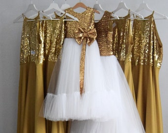 Gold And Ivory Tulle Flower Girl Dress Sequin Top Communion Girl Glam Dress  | Gold Sequin Top Dress Flower Girl With Big Bow