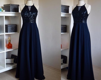 Charming Chiffon With Top Sequin Navy Blue Bridesmaid Dress, Handmade, Sleeveless Full Length Sequin Evening Prom Dress, Wedding Party