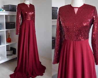 Made To Measure Silk Chiffon With Top Sequin Long Sleeve Burgundy Bridesmaid Dress | Burgundy Wedding Party Dress