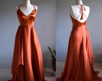 Satin Asymmetric Lace Up Rust Gold Bridal Bridesmaid Dress | Burnt Orange Terracotta Bridesmaid Dress With Slit