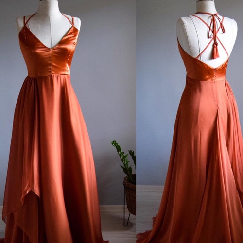 Silk Georgette/chiffon With Top Satin Copper Bridesmaid Dress - Etsy