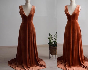 Made To Measure Rust Velvet Bridesmaid Dress | Deep V Open Back Wedding Party Maid Of Honor Dress In Burnt Orange