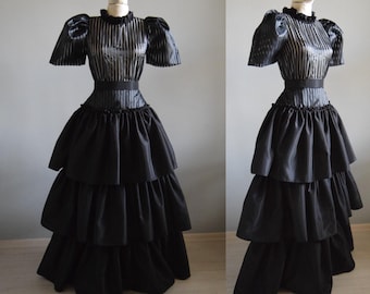 Black Taffeta Long Maxi Dress Organza Bodice With Bishop Sleeves & Full Pleated Taffeta Skirt With 3 Layers