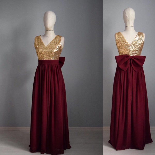 Bordeaux Burgundy Wine Chiffon With Top Sequin Gold Bridesmaid Dress With Bow | Wedding Reception Dress | Sequin Prom Dress In Gold Burgundy