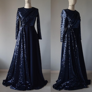 Chiffon mit Top Marineblau Pailletten Langarm mit einem Overlay Brautjungfer Kleid | Bodenlangen Pailletten Bescheidene Brautmutter Kleid