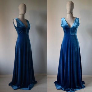 French Blue Velvet Bridesmaid Dress Deep V-Neckline Strap Back Dress | Wedding Party Velvet Parisian French Blue Maid Of Honor Dress