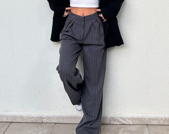 Pinstripe Wide Leg High Waisted Palazzo Pants With Pockets Maxi Pants Loose Pants | High Waisted Wide Leg Formal Black Trousers