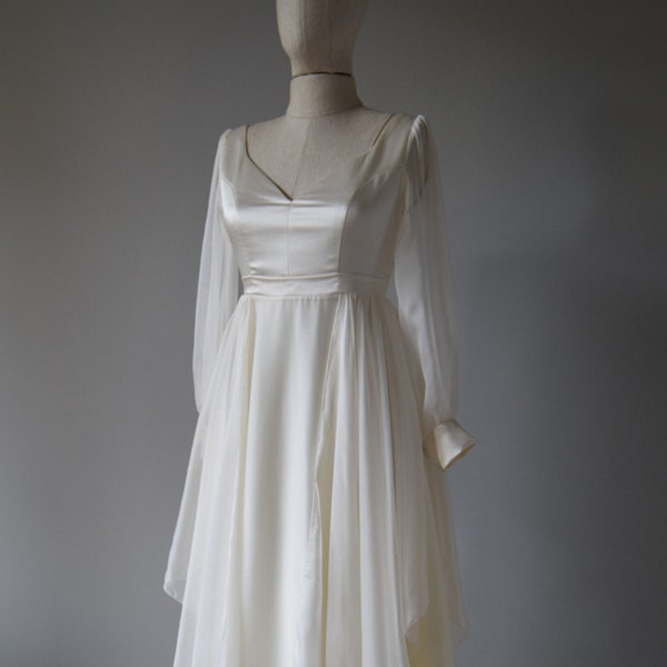 Modest Minimalist Ivory Chiffon Wedding Dress In Long Bishop Sleeves | Open Back Elegant A-Line Silhouette Off-White Bohemian Modern Dress