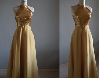 Gold Sequin Bridesmaid Maxi Dress Sequin Long Halter Neckline Maid Of Honor Dress Sparkly Plus Size Gold Dress Mother Of Bride Yellow Dress