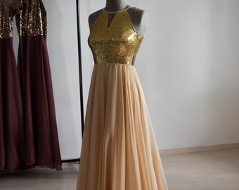 Handmade Silk Peach Chiffon With Top Gold Sequin Bridesmaid Dress | Floor Length Sequin Bridal Party Mother Of Bride/Groom Sparkly Dress