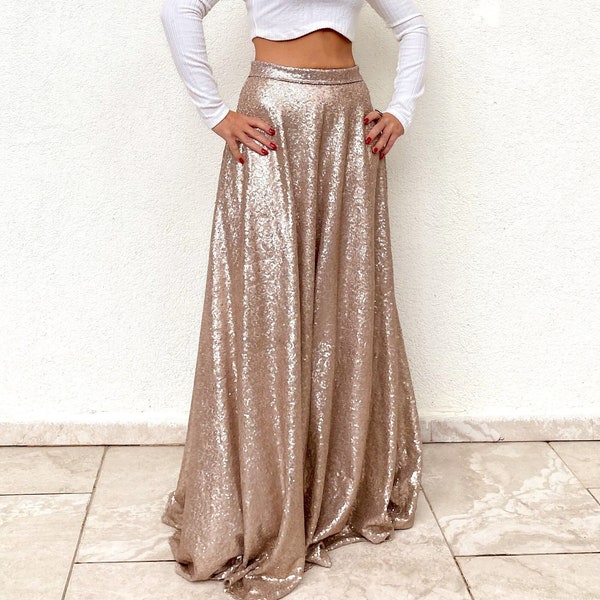 Full Maxi Champagne Skirt | Handmade Sequin Flared Metallic Maxi Skater Skirt Made To Your Measurements