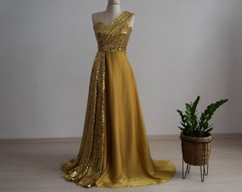 Silk Chiffon With Top Gold Sequin With An Overlay Bridesmaid Dress | Floor Length Sequin Wedding Party Maid Of Honor Mother Of Bride Dress
