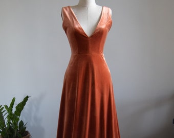Copper Velvet Bridesmaid Dress | Deep V Neck Open Back Wedding Party Mother OF Bride Maid Of Honor Dress In Rust Burnt Orange