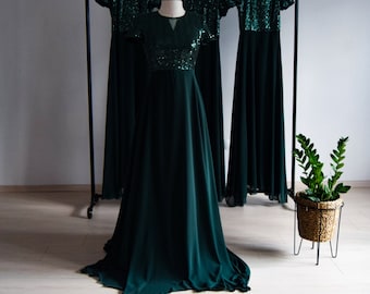 Silk Georgette Chiffon With Top Emerald Green Sequin Bridesmaid Dress | Floor Length Green Sequin Evening Dress | Wedding Party MOH Dress