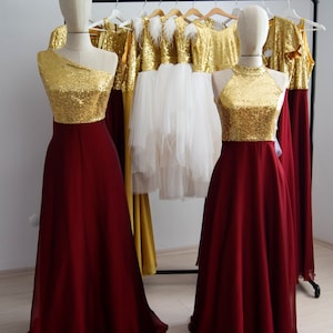 A-Line/Princess One-Shoulder Floor-Length Chiffon Wine Sequined Bridesmaid Dress | Wedding Party Halter Neck Burgundy Gold Bridesmaid Dress