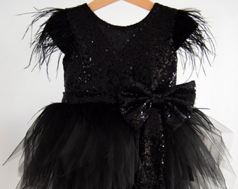 Black Flower Girl Tutu Dress Communion Dress Rustic Flower Girl Dress  Black Tulle Flower Girl Dress With Ostrich Feathers