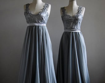 V-Neck Silk Grey Chiffon Lace  With Top Beads Embroidered Cap Sleeve Bridesmaid Dress | Grey Silver Wedding Guest Dress