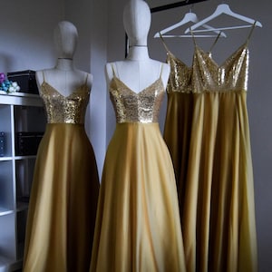 Charming Chiffon With Top Sequin Gold Bridesmaid Dress | Sequin Gold Wedding Reception Dress Gold Mother Of Bride Dress