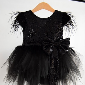 Black Flower Girl Tutu Dress Communion Dress Rustic Flower Girl Dress  Black Tulle Flower Girl Dress With Ostrich Feathers