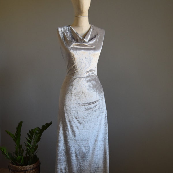 Cowl Neck Silver Crushed Velvet Bridesmaid Dress  | Silver Velvet Maxi Bridal Party Maid Of Honor Mother Of Groom Dress Wedding Guest Dress