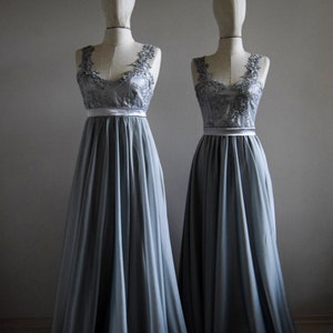 V-Neck Silk Grey Chiffon Lace  With Top Beads Embroidered Cap Sleeve Bridesmaid Dress | Grey Silver Wedding Guest Dress