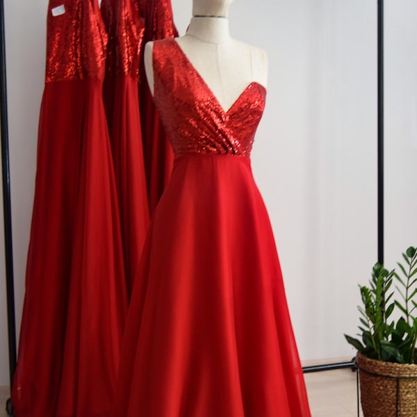 Silk Georgette/Chiffon With Top Red Sequin One-Shoulder Bridesmaid Dress, Floor Length Sequin Wedding Party MOH, Wedding Dress