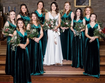 Green Velvet Maxi Bridesmaid Dress: Deep V-Neck Open Back Wedding Gown