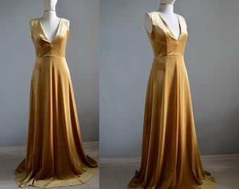 Marigold Velvet Bridesmaid Dress | Deep V Neck Line Open Back Wedding Party Yellow Velvet Dress | Bridal Party Maid Of Honor Velvet Dress