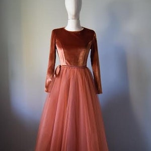 Silk Hayal Tulle With Top Burnt Orange Velvet Long Sleeve Bridesmaid Dress Floor Length Terracotta Wedding Dress Orange Wedding Dress image 1