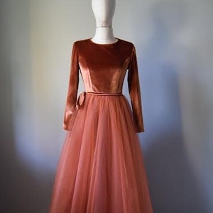 Silk Hayal Tulle With Top Burnt Orange Velvet Long Sleeve Bridesmaid Dress | Floor Length Terracotta Wedding Dress | Orange Wedding Dress