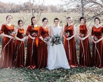 Velvet Burnt Orange Bridesmaid Long Sleeve Dress Terracotta Deep V Neckline Open Back Wedding Party Mother Of Bride Maid Of Honor Dress