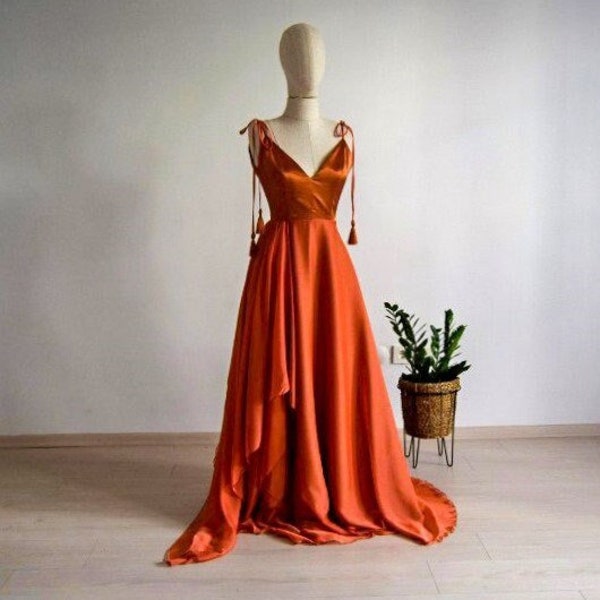 Silk Georgette/Chiffon With Top Satin Copper Bridesmaid Dress | Burnt Orange Bridal Dress | Rust Terracotta Full Length Asymmetric Dress