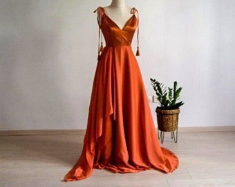 Silk Georgette/Chiffon With Top Satin Copper Bridesmaid Dress | Burnt Orange Bridal Dress | Rust Terracotta Full Length Asymmetric Dress