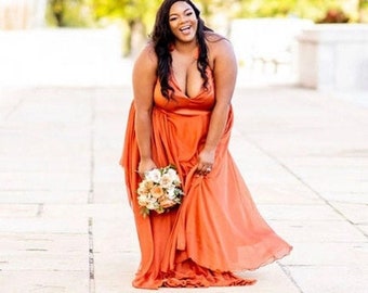 Bridesmaid Satin Dress Burnt Orange Chiffon With Top Satin Fit and Flare Dress | Rust Terracotta Full Length Asymmetric Plus Size Prom Dress