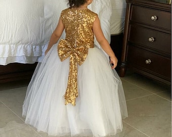 Tutu Flower Girl Dress Girl Party Dress Gold/White Tulle Flower Girl Closed Back Toddler Wedding Dress With Bow