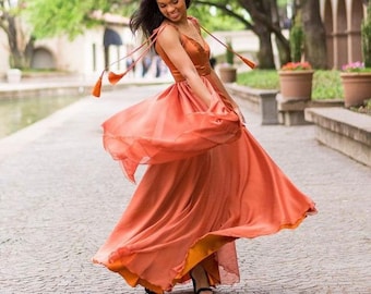 Satin Copper Bridesmaid Dress Silk Chiffon With Top Satin | Burnt Orange Rust Full Length Asymmetric Bridal Party