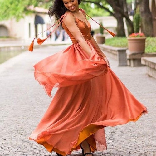Rust Copper Silk Dress Maxi Lenght for Bridesmaid Rust Orange Etsy