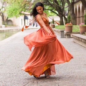 Satin Copper Bridesmaid Dress Silk Chiffon With Top Satin Burnt Orange Rust Full Length Asymmetric Bridal Party image 1