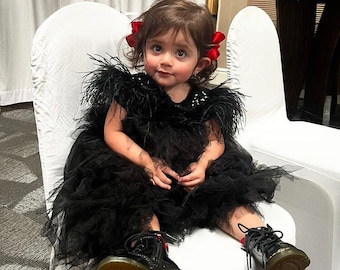 Toddler Black Tulle Communion Girl Dress With Ostrich Feathers Detachable Bow