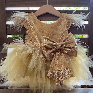 Tutu Flower Girl Dress Communion Dress Gold Flower Girl Dress | Black Tulle Ostrich Feather Baby Girl Dress