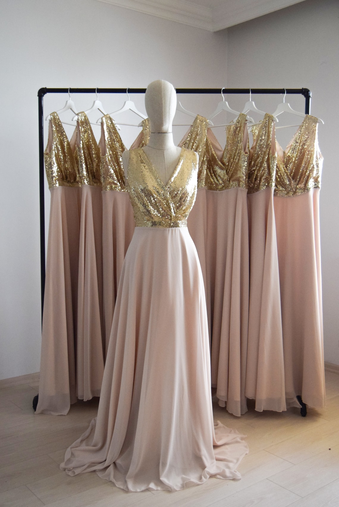 Gorgeous Georgette Chiffon With Top Sequin Gold Bridesmaid image 2